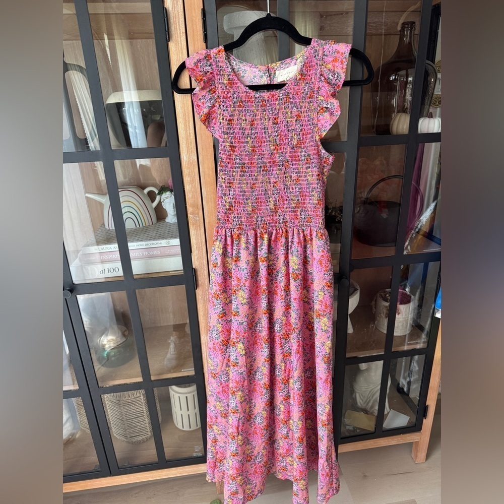 Melloday floral midi dress ditsy colorful print smocked ruffle sleeve flutter